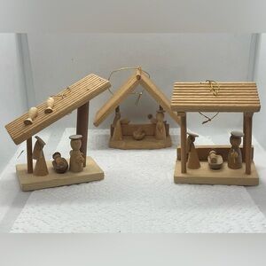 Vintage Miniature Wooden Nativity Scene 3” Christmas Ornaments Set Of 3 Rare ￼